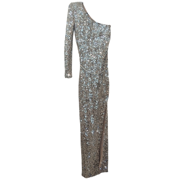 Nadine Merabi Adriana Silver Sequin One Shoulder Maxi Dress Crystal Belt Size XS - Picture 3 of 17
